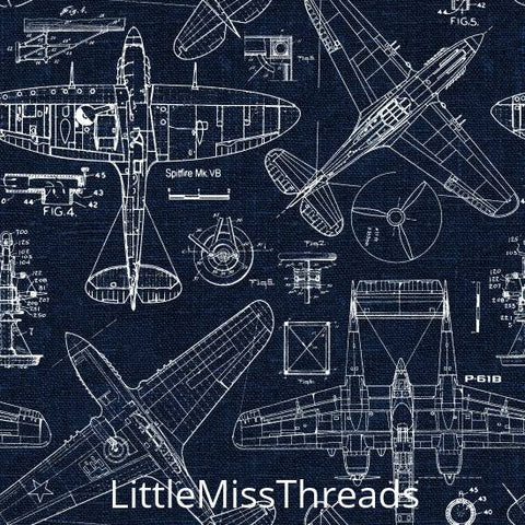 PRE ORDER - Airplanes White on Dark Blue Linen - Fabric - Fabric from [store] by Little Miss Threads - Halloween