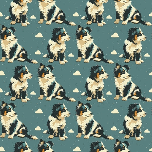 PRE ORDER - Border Collie Pups Blue Clouds - Fabric