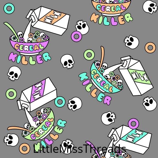 PRE ORDER - Cereal Killer Grey - Fabric - Fabric from [store] by Little Miss Threads - Halloween