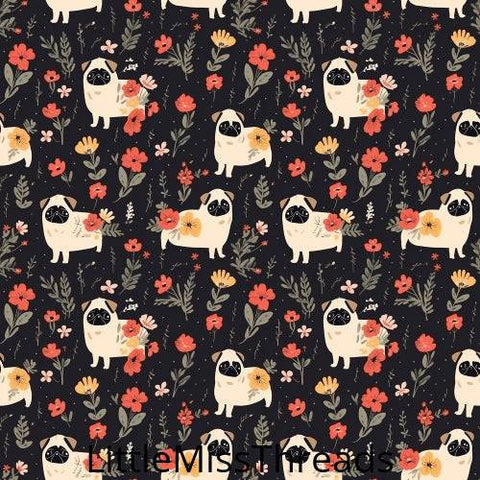 PRE ORDER - Cute Pugs with Flowers - Fabric - Fabric from [store] by Little Miss Threads - 
