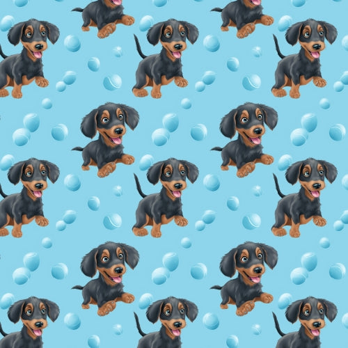 PRE ORDER - Dachshunds Pups and Balls Blue - Fabric