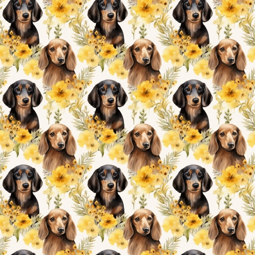 PRE ORDER - Dachshunds Yellow Floral - Fabric