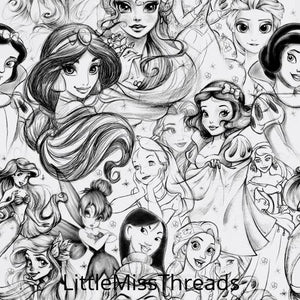 100% Cotton Fabric Disney Princesseses Sketches BLACK AND PINK INK/ Sold By  Yard - Walmart.com