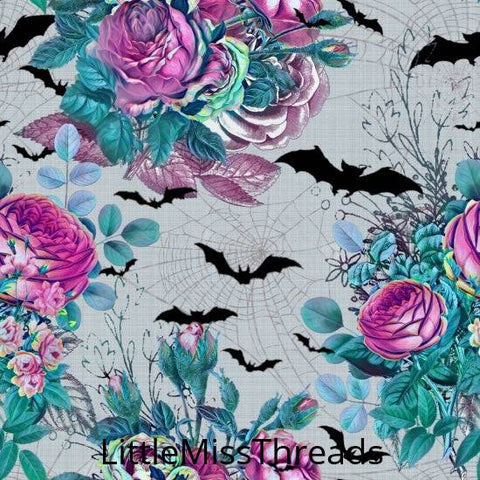 PRE ORDER - Floral Bats Halloween Grey - Fabric - Fabric from [store] by Little Miss Threads - Halloween