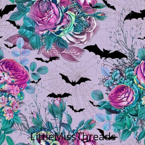 PRE ORDER - Floral Bats Halloween Purple - Fabric - Fabric from [store] by Little Miss Threads - Halloween