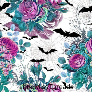 PRE ORDER - Floral Bats Halloween White - Fabric - Fabric from [store] by Little Miss Threads - Halloween
