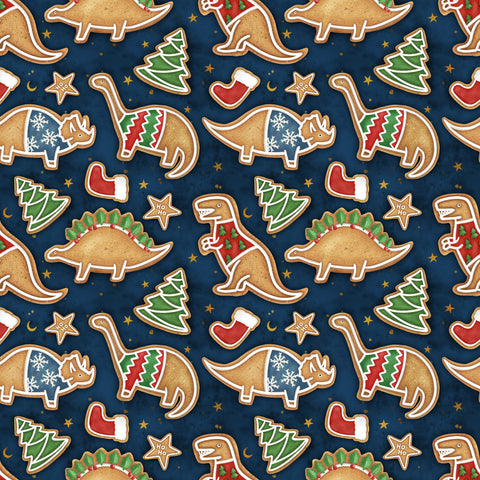PRE ORDER - Gingerbread Dinosaurs Navy - Fabric
