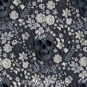 PRE ORDER - Grey Skull White Floral Embroidery - Fabric - Fabric from [store] by Little Miss Threads - Halloween