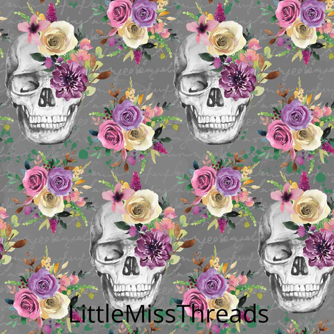 IN STOCK - Vintage Skulls Grey - COTTON LYCRA - Fabric from [store] by Little Miss Threads - 