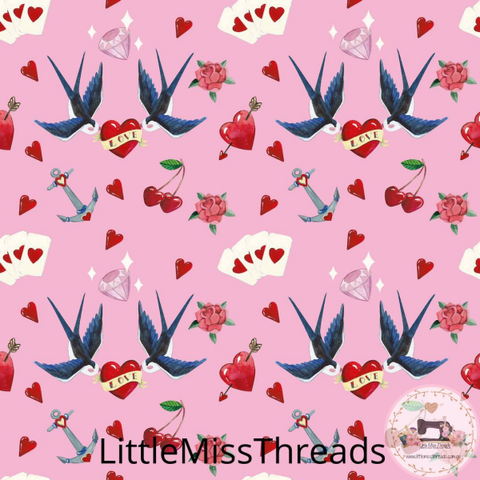 PRE ORDER - 50s Tattoo Sparrow Pink - Fabric - Fabric from [store] by Little Miss Threads - 