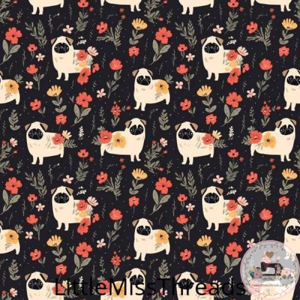 PRE ORDER - Cute Pugs with Flowers - Fabric - Fabric from [store] by Little Miss Threads - 