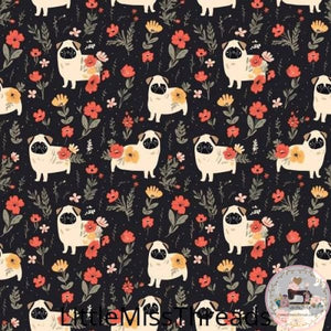 PRE ORDER - Cute Pugs with Flowers - Fabric - Fabric from [store] by Little Miss Threads - 