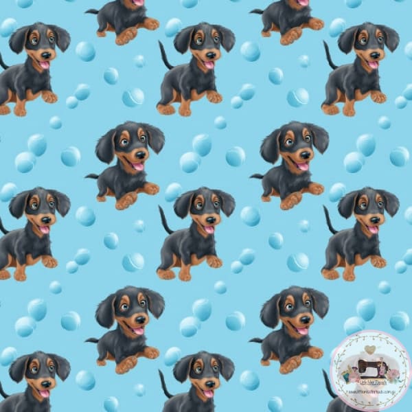 PRE ORDER - Dachshunds Pups and Balls Blue - Fabric Fabric