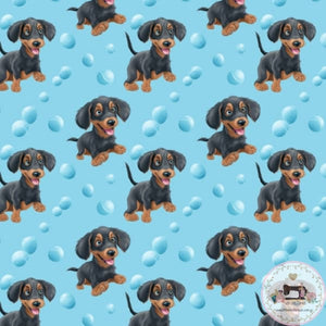 PRE ORDER - Dachshunds Pups and Balls Blue - Fabric Fabric
