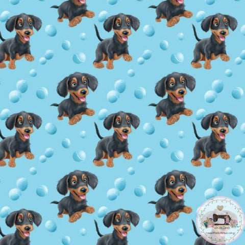PRE ORDER - Dachshunds Pups and Balls Blue - Fabric Fabric