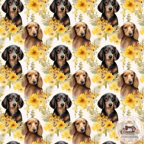 PRE ORDER - Dachshunds Yellow Floral - Fabric Fabric