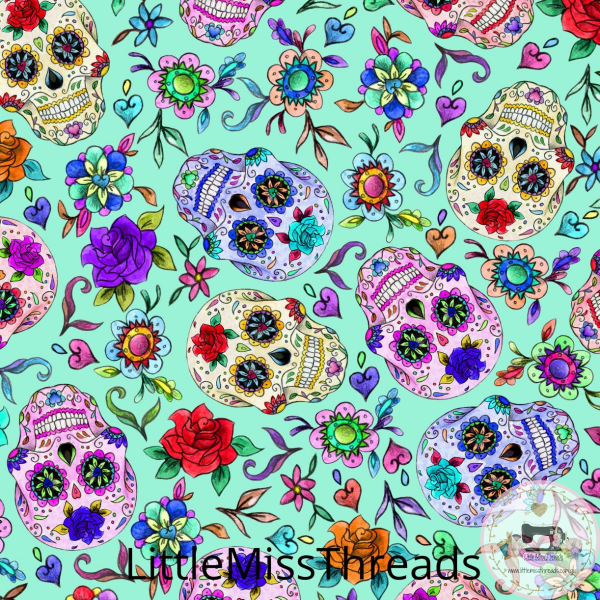 PRE ORDER - Day of the Dead Aqua - Fabric - Fabric from [store] by Little Miss Threads - 