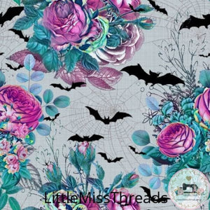 PRE ORDER - Floral Bats Halloween Grey - Fabric - Fabric from [store] by Little Miss Threads - Halloween