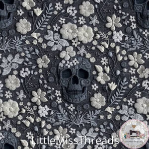 PRE ORDER - Grey Skull White Floral Embroidery - Fabric - Fabric from [store] by Little Miss Threads - Halloween