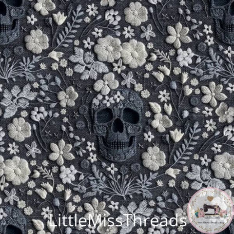 PRE ORDER - Grey Skull White Floral Embroidery - Fabric - Fabric from [store] by Little Miss Threads - Halloween