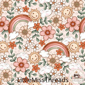 PRE ORDER - Groovy Rainbow Floral Smiling Sun - Fabric - Fabric from [store] by Little Miss Threads - 