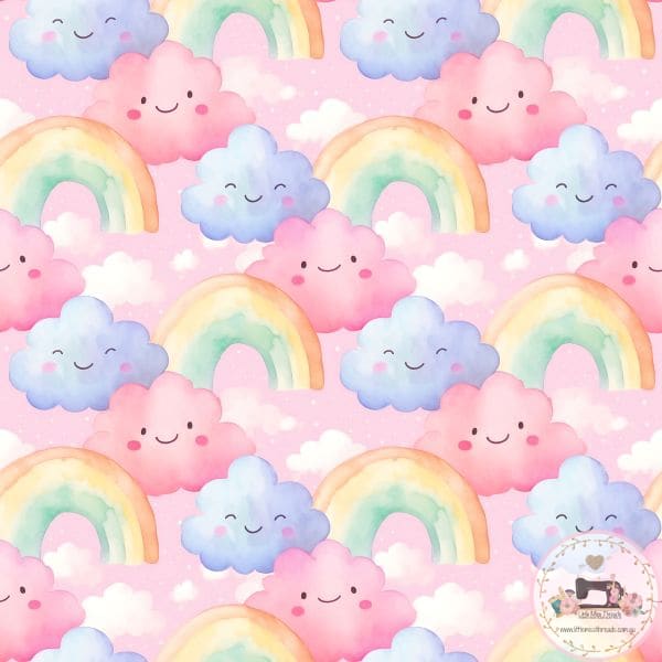 PRE ORDER - Happy Clouds Rainbow Pink - Fabric Fabric