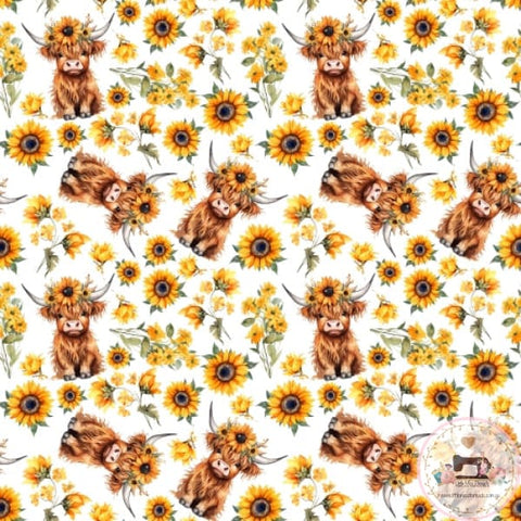PRE ORDER - Highland Cow Sunflower on White - Fabric Fabric