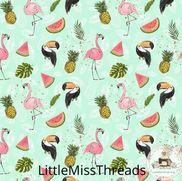 PRE ORDER Tropical Vibes Flamingos Green - Fabric from [store] by Mini Mooches - 