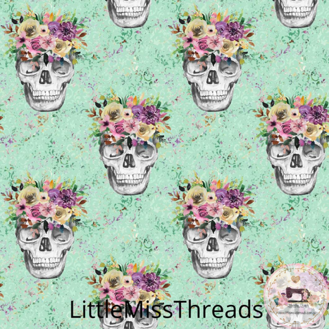 PRE ORDER - Vintage Skulls Green - Fabric - Fabric from [store] by Little Miss Threads - 