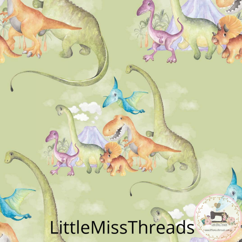 PRE ORDER - Watercolour Dinosaurs Green - Fabric - Fabric from [store] by Little Miss Threads - 