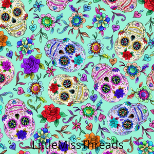 PRE ORDER - Day of the Dead Aqua - Fabric - Fabric from [store] by Little Miss Threads - 