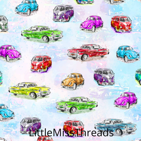 PRE ORDER - 50s Watercolour Cars - Fabric - Fabric from [store] by Little Miss Threads - 