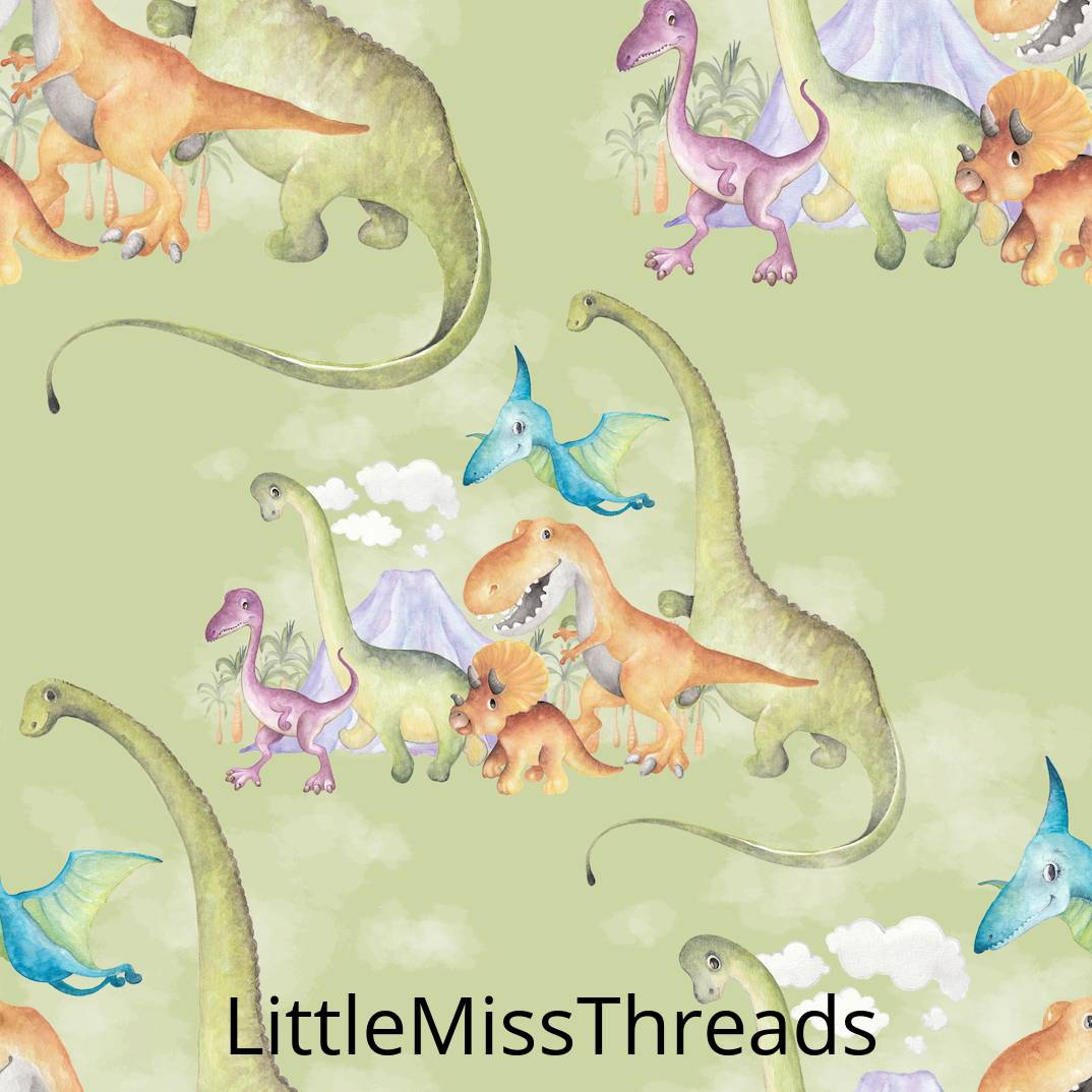 PRE ORDER - Watercolour Dinosaurs Green - Fabric - Fabric from [store] by Little Miss Threads - 